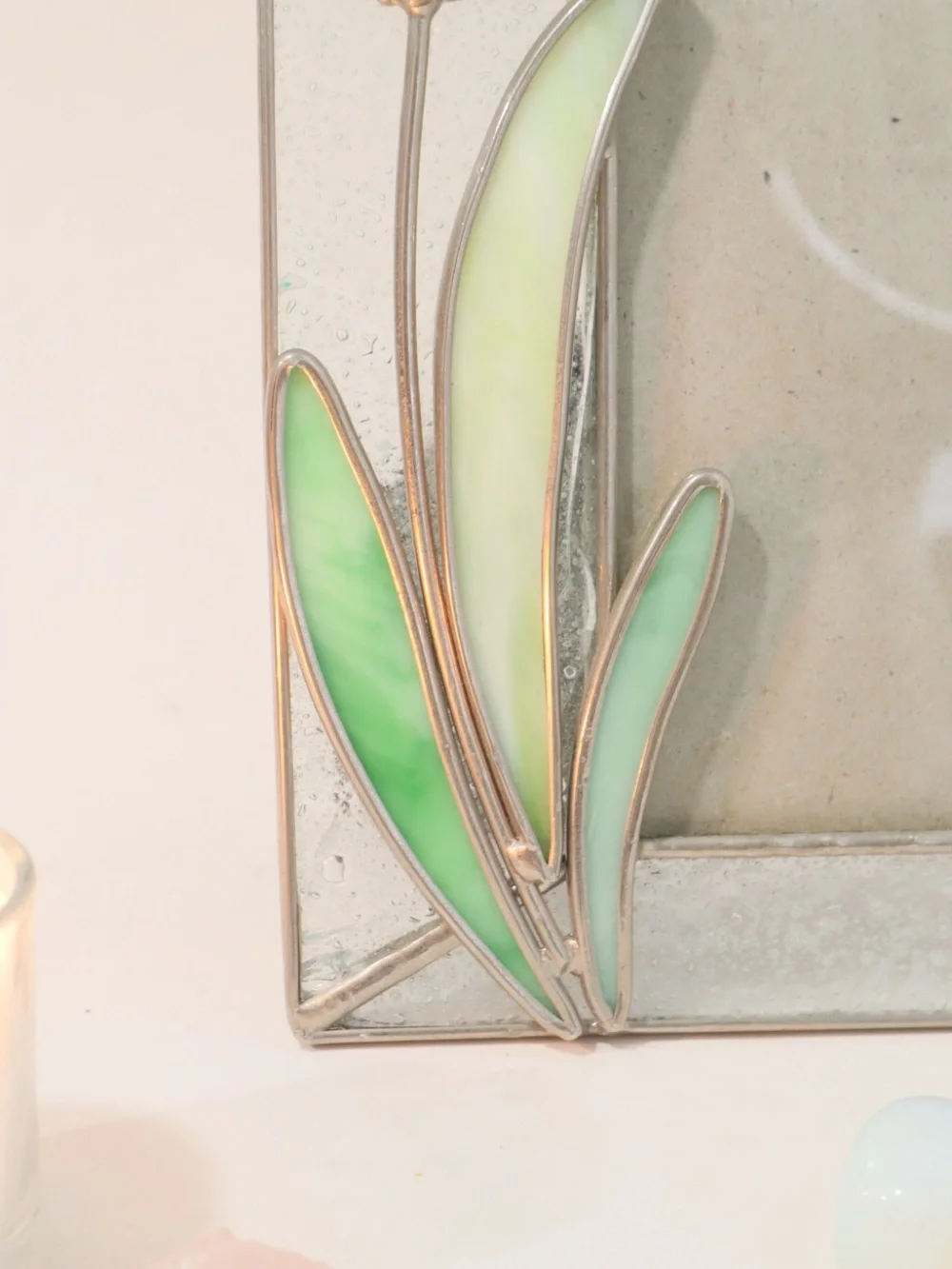 Handcrafted Stained Glass Tulip Picture Frame with Pink and yellow petals 6¾x8”
